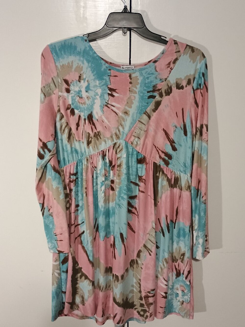 EGS California 2XL Pink Blue Tie Dye Babydoll Long Sleeve Stretch Dress - Picture 3 of 8